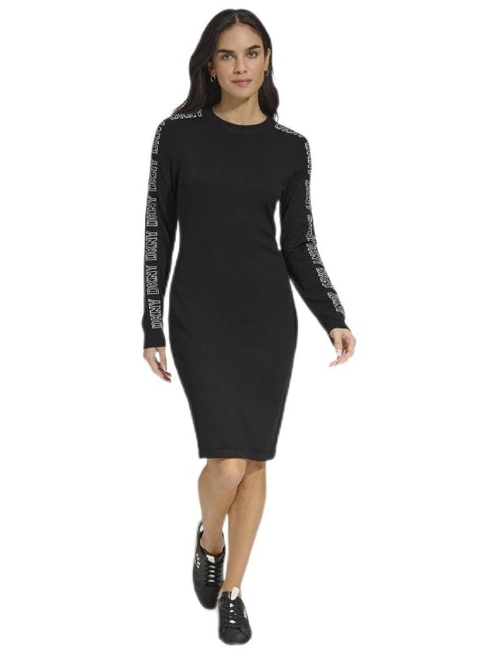 DKNY Black Logo Sleeve Crewneck Long Sleeve Knit Sweater Dress X-Large